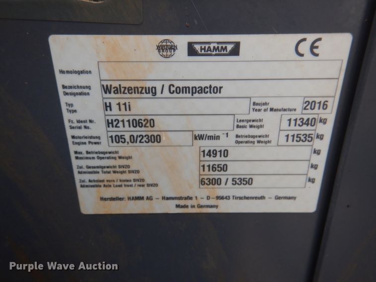 image for item DL8837 2016 Hamm H11I  single drum vibratory roller