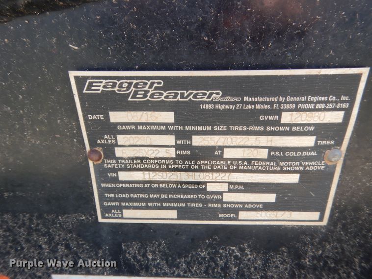 image for item IP9759 2017 Eager Beaver 50GL  lowboy equipment trailer