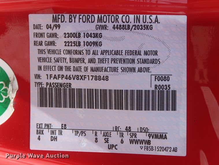 image for item IO9108 1999 Ford Mustang SVT Cobra  convertible