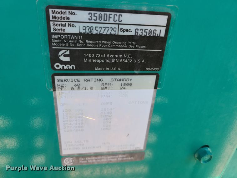 image for item IQ9188 Cummins Onan 350DFCC  generator