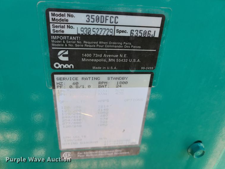 image for item IQ9188 Cummins Onan 350DFCC  generator