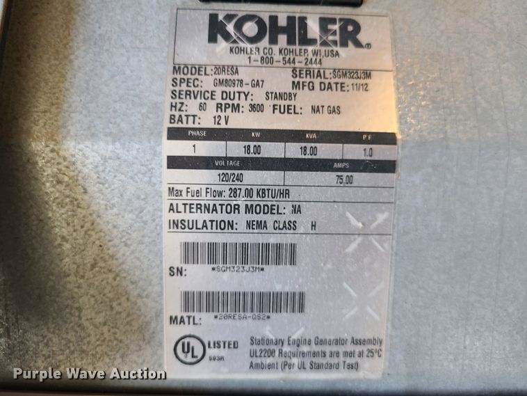 image for item IQ9195 Kohler 20RESA  generator