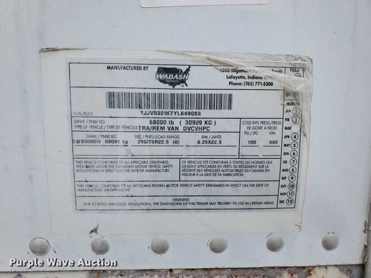 image for item DI5168 2000 Wabash  dry van trailer