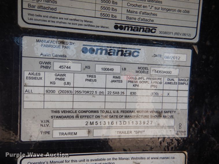 image for item DL8960 2013 Manac 14353A000  drop deck trailer