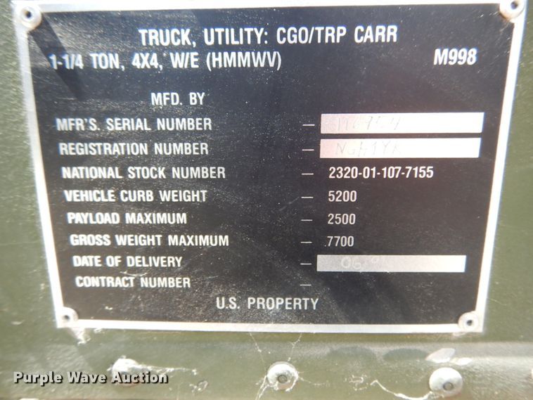 image for item IL9493 1991 Am General HMMWVM998  Humvee SUV