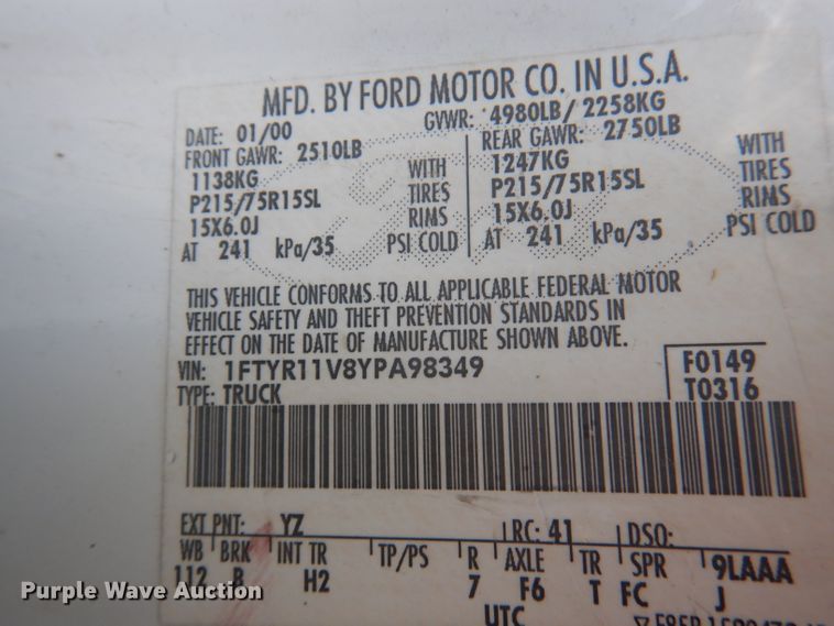 image for item DA5301 2000 Ford Ranger  pickup truck