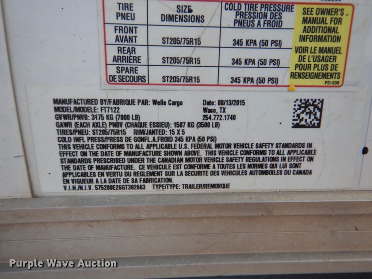 image for item DM3818 2015 Wells Cargo  enclosed cargo trailer