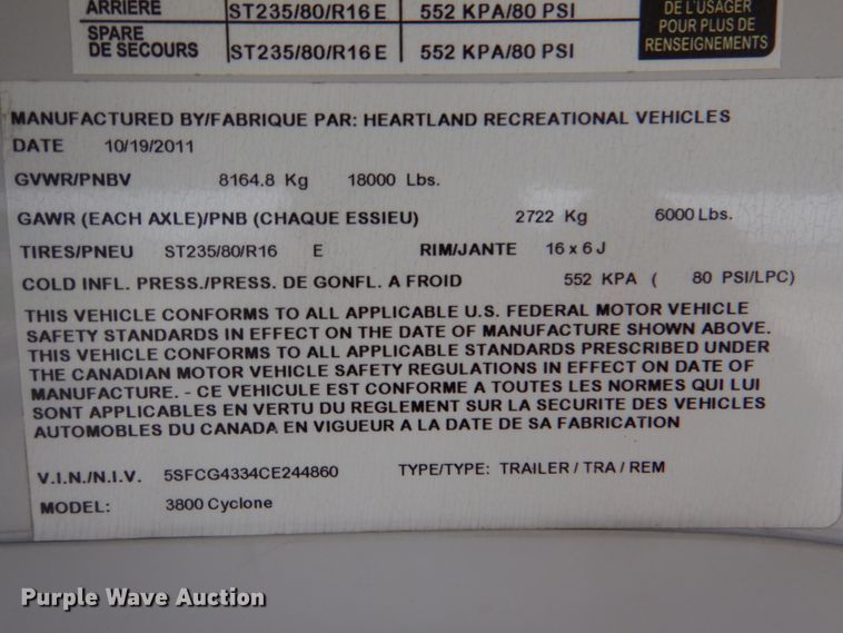 image for item HC9321 2012 Heartland 3800 Cyclone  camper