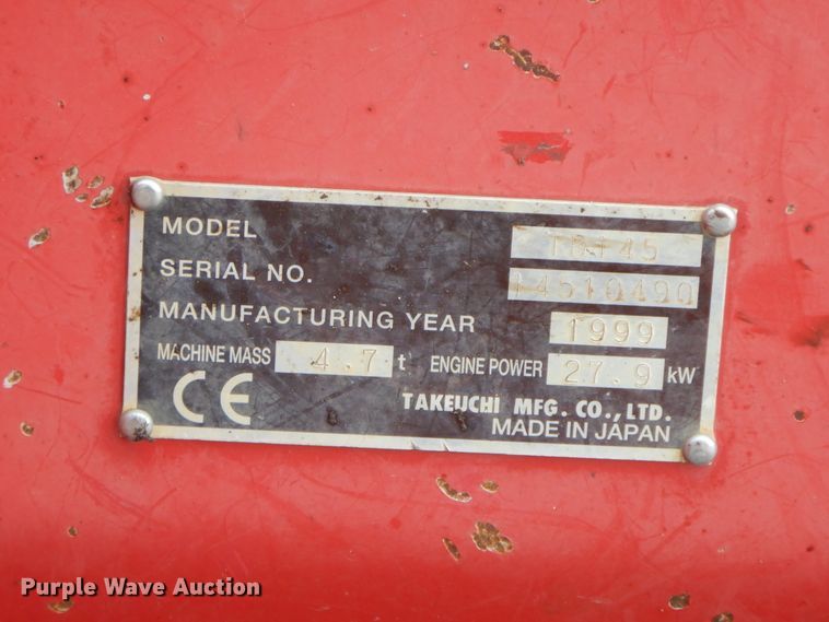 image for item HO9495 1999 Takeuchi TB145  mini excavator