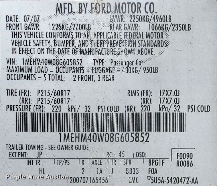 image for item IE9255 2008 Mercury Sable