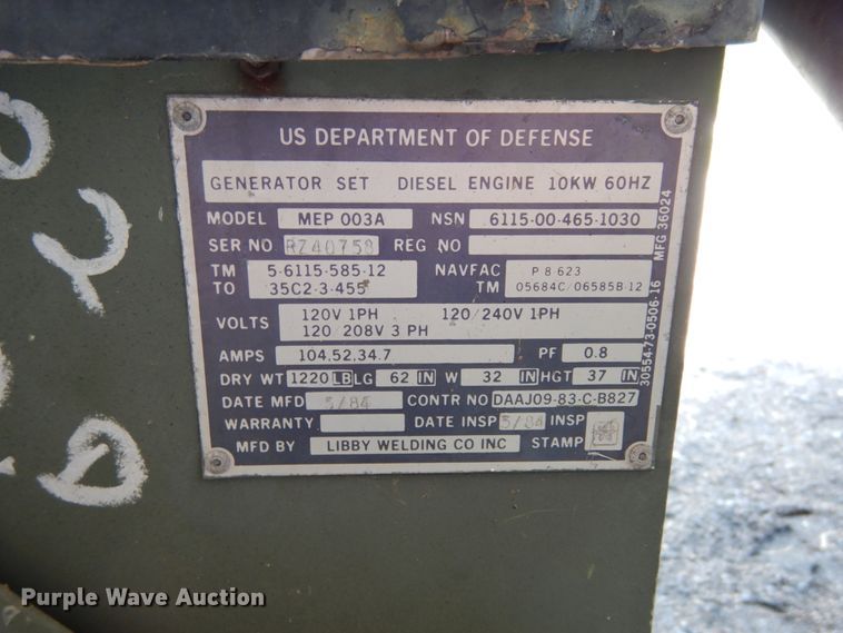 image for item II9531 Us Department Of Defense MEP003A  generator