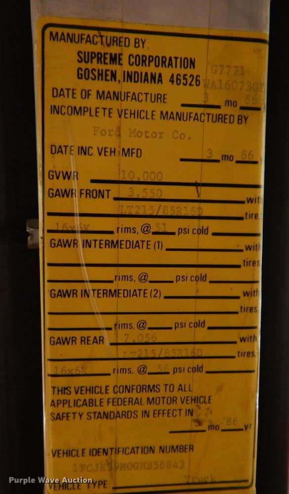 image for item IQ9640 1986 Ford E350  emergency support truck