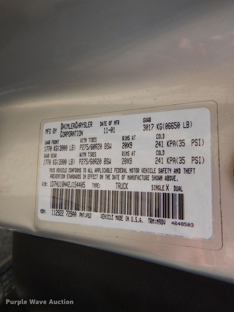 image for item DL3311 2002 Dodge Ram 1500  Quad Cab pickup truck