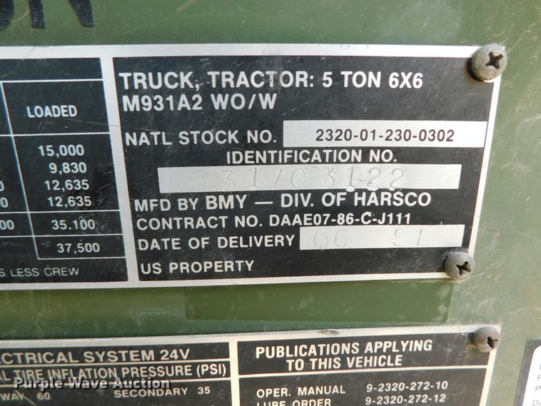 image for item DK8591 1991 BMY Harsco M931A2  semi truck