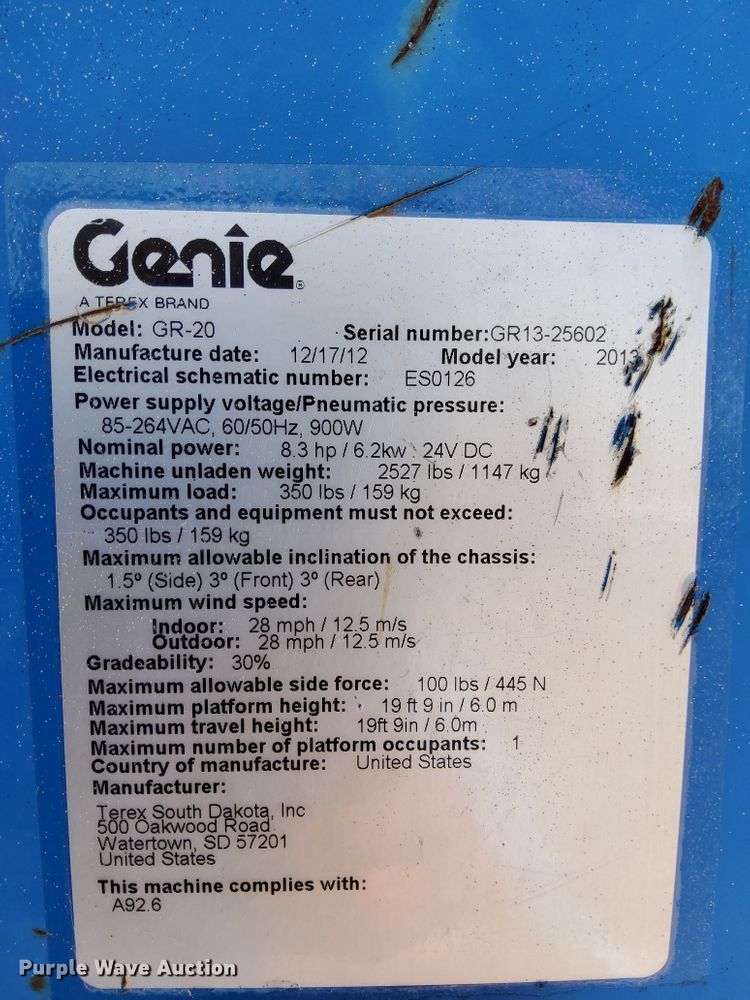 image for item IQ9642 2013 Genie GR20  vertical lift