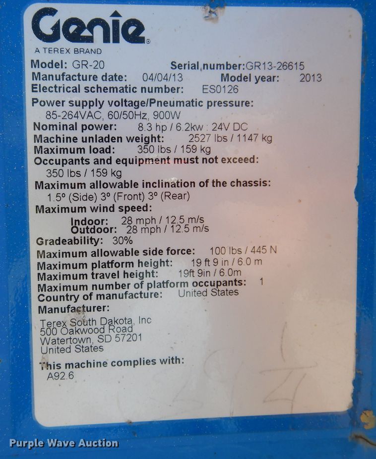 image for item IQ9644 2013 Genie GR20  vertical lift