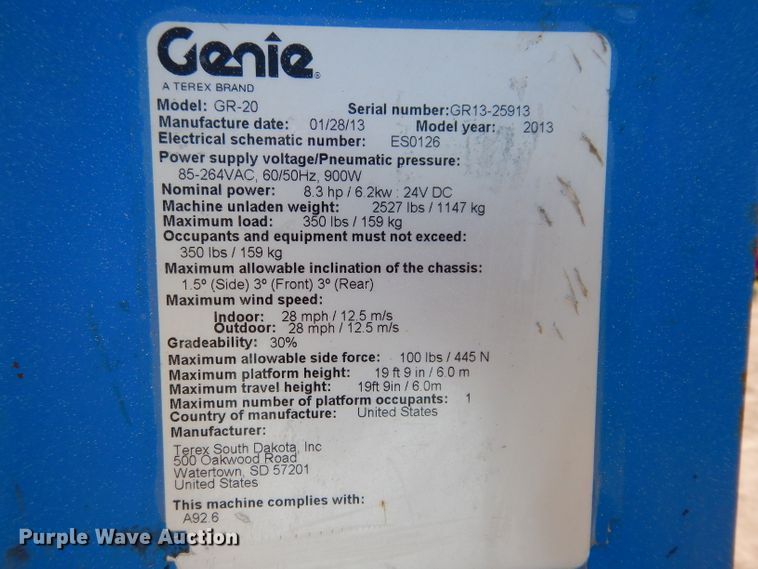image for item IQ9646 2013 Genie GR20  vertical lift