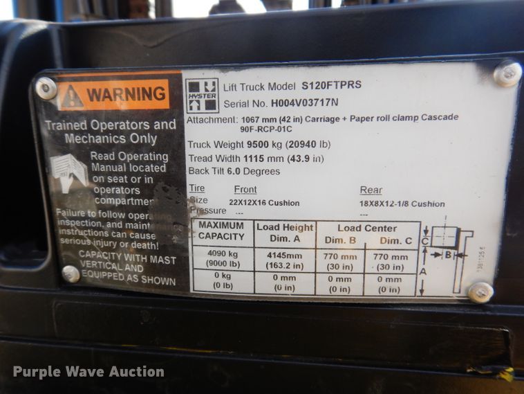 image for item IQ9664 Hyster 120  forklift