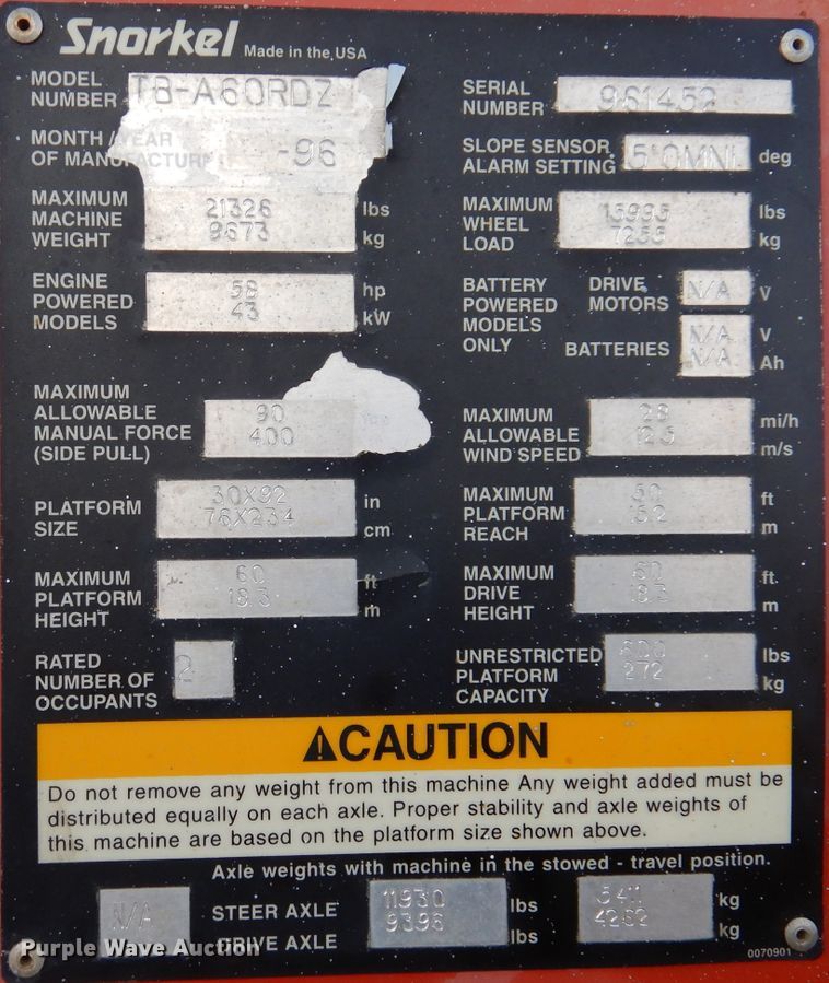 image for item IQ9671 1996 Snorkel TB-A60RDZ  boom lift
