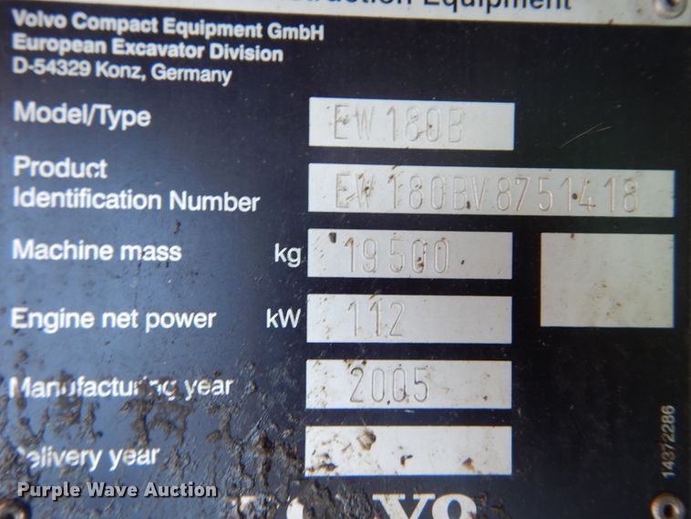 image for item IT9195 2005 Volvo EW180B  excavator