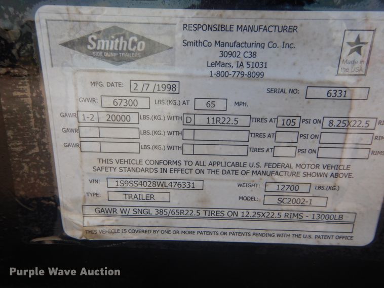 image for item JI9655 1998 Smith Co  side dump trailer