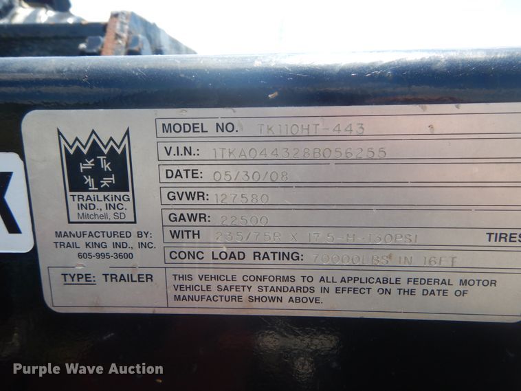 image for item IT9172 2008 Trail King TK110HT-443  drop deck equipment trailer