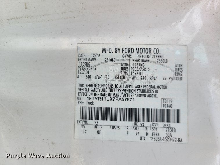 image for item IC9836 2007 Ford Ranger  pickup truck