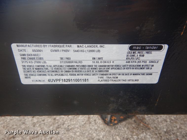 image for item IT9229 2001 Mac-lander 18TSLWB  equipment trailer