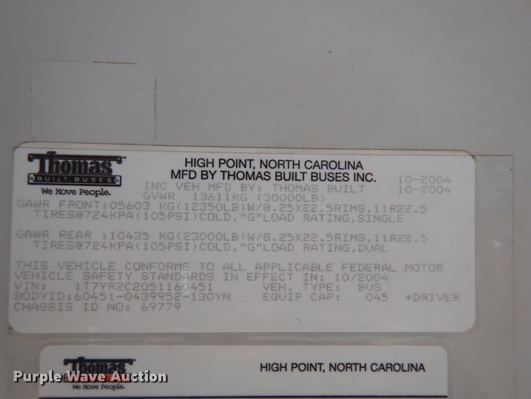 image for item JZ9950 2005 Thomas Built Saf-T-Liner MVP EF  coach bus