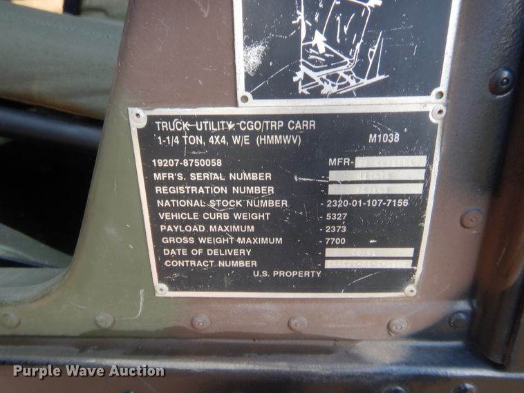 image for item IT9697 1991 Am General M1038  SUV