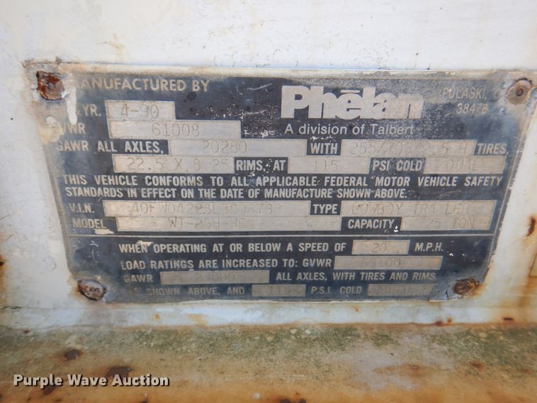 image for item JY9765 1990 Phelan WT-25H-HFN  lowboy equipment trailer