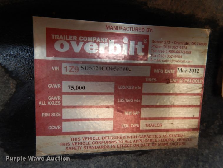 image for item DM6252 2012 Overbilt  drop deck equipment trailer