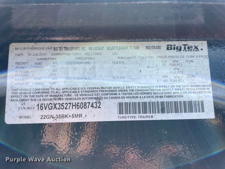 image for item IR9522 2017 Big Tex 22GN-35BK-5MR  equipment trailer
