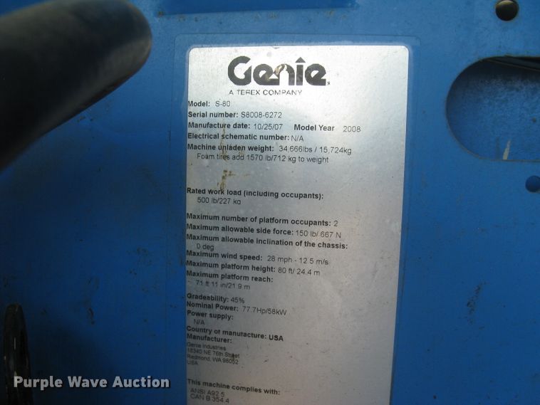 image for item DG5292 2007 Genie S80  boom lift