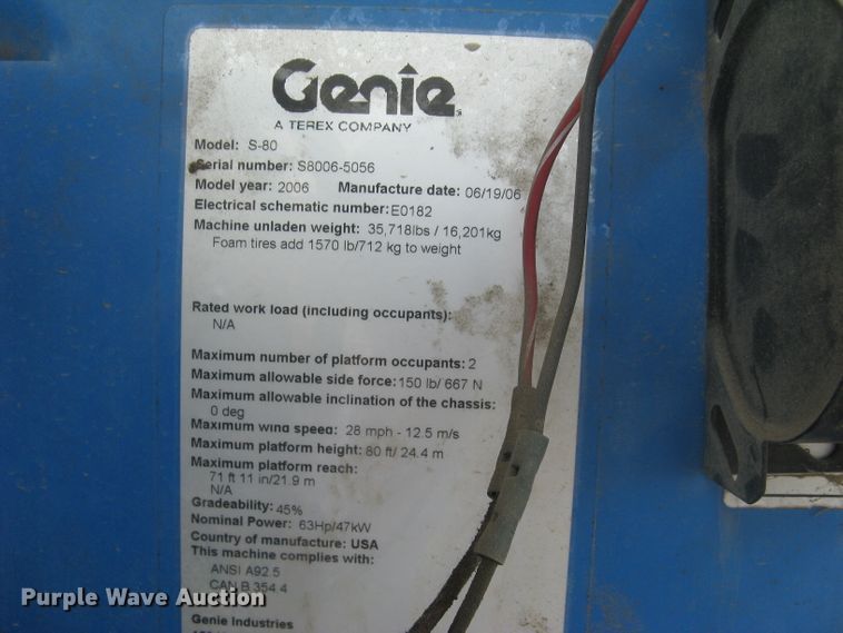 image for item DG5295 2006 Genie S80  boom lift