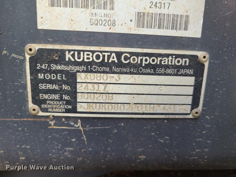 image for item IC9852 2011 Kubota KX080-3  mini excavator