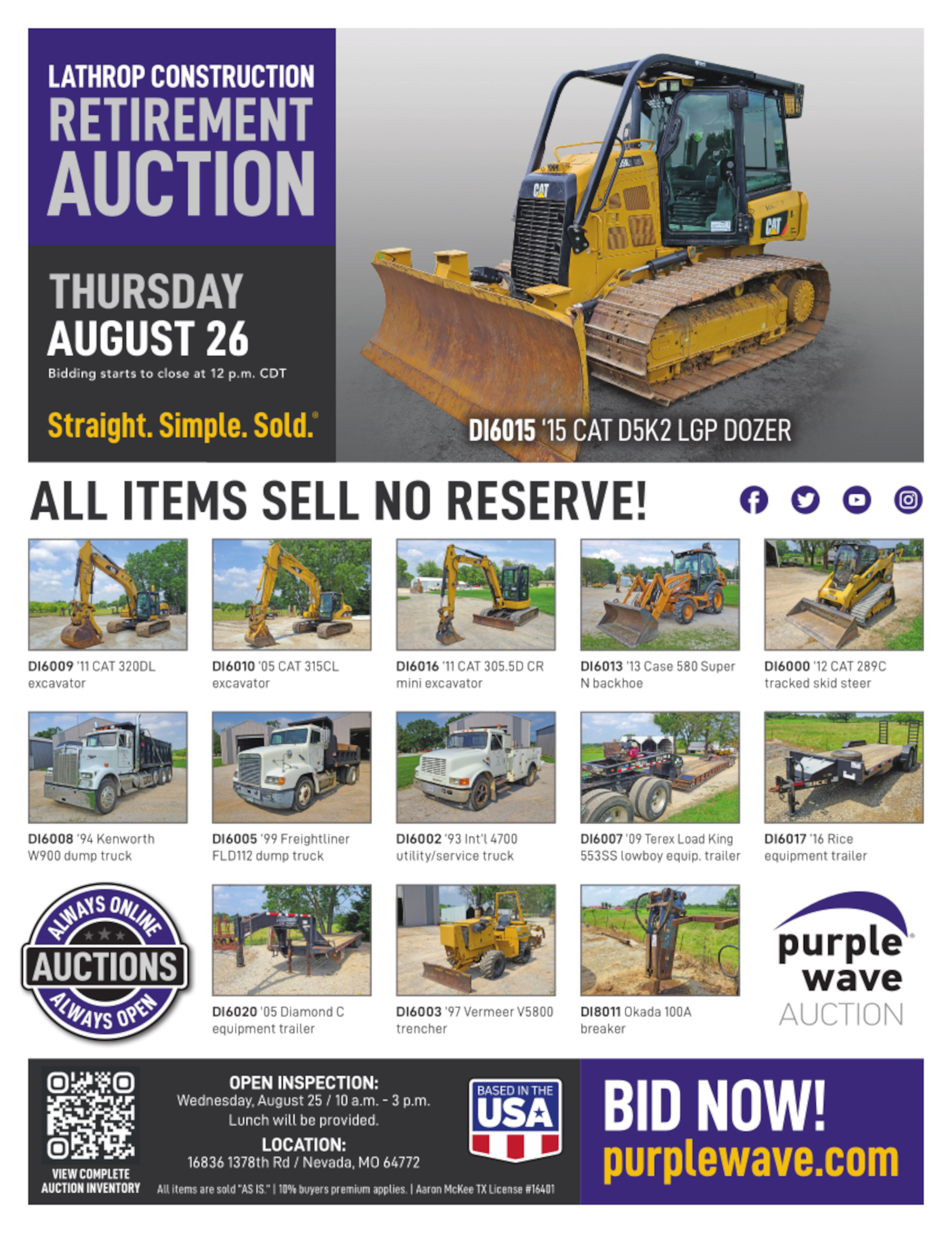 SOLD! Lathrop Construction Retirement Auction Items Sold 8262021 Purple Wave