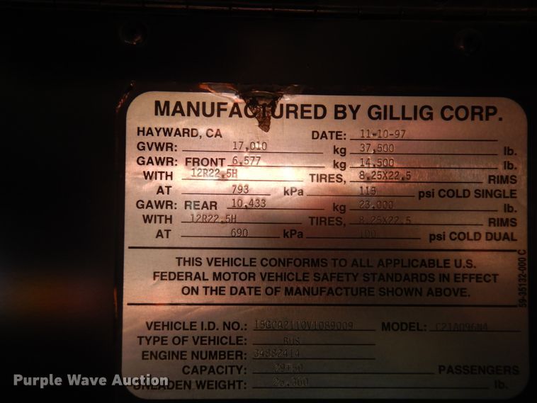 image for item JZ9904 1997 Gillig C21A096N4  transit bus