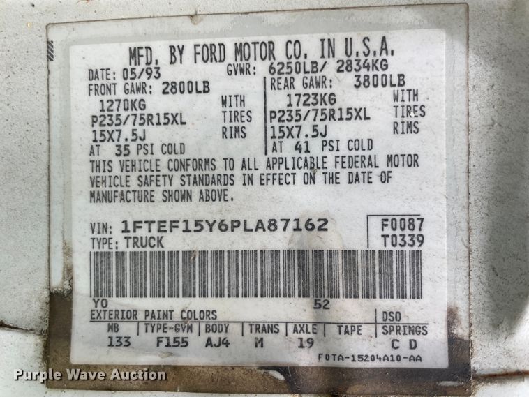 image for item KK9637 1993 Ford F150  pickup truck