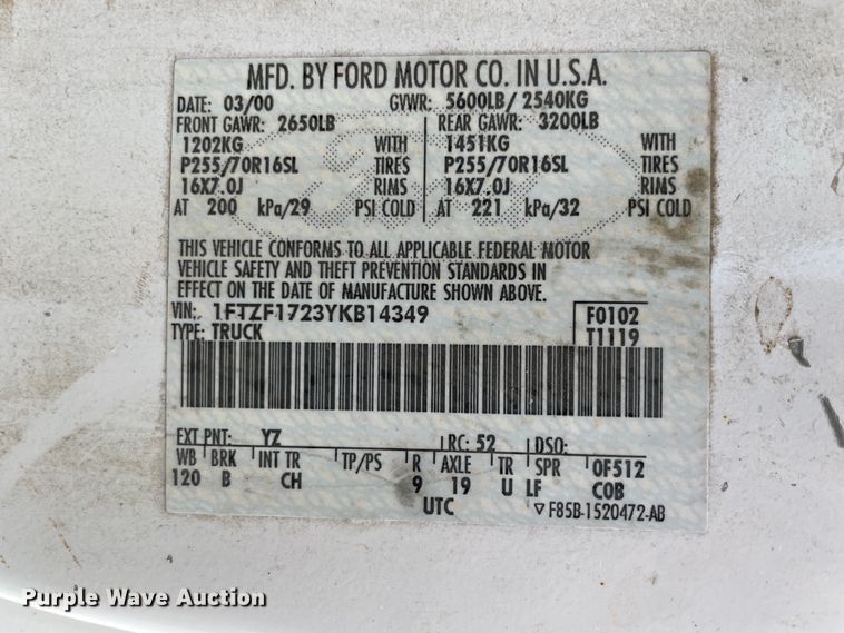 image for item KK9639 2000 Ford F150  pickup truck