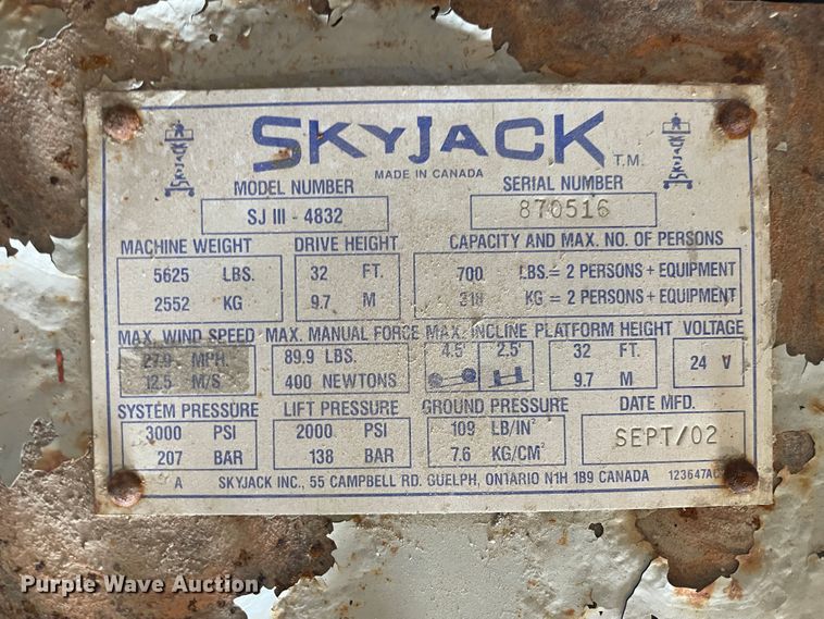 image for item KK9670 2002 Skyjack SJ4832  scissor lift