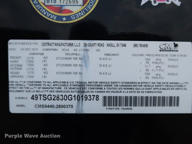 image for item KQ9830 2016 Cm Trailers CMS9440-2800370  livestock trailer