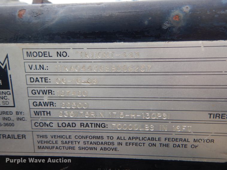 image for item JI9508 2008 Trail King TK110HT-443  drop deck equipment trailer