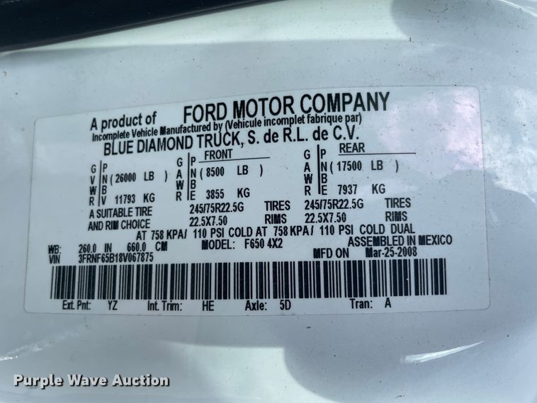 image for item KK9633 2008 Ford F650  box truck
