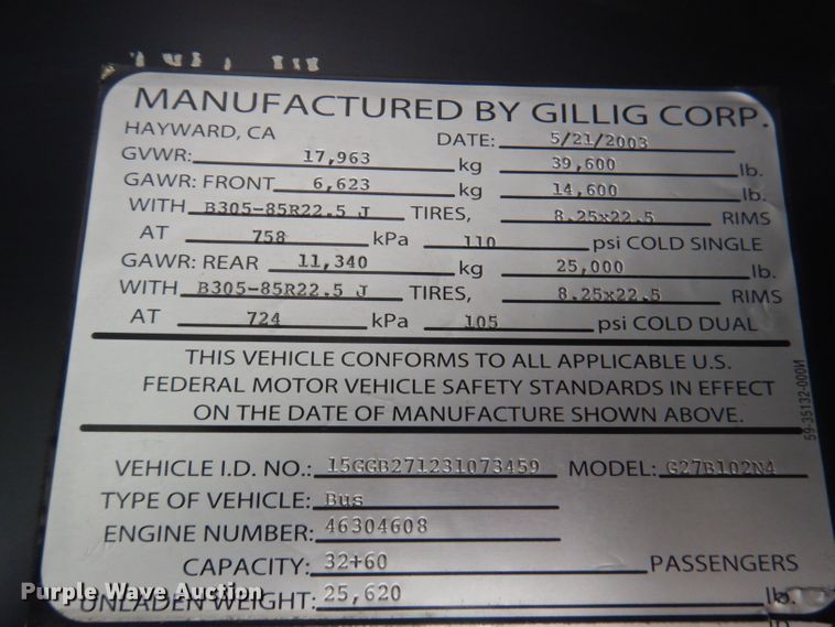 image for item DA5340 2003 Gillig G27B102N4  coach bus