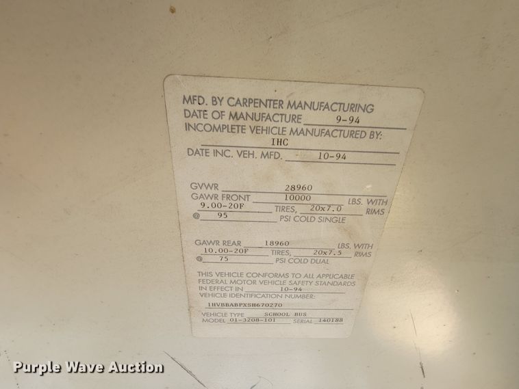 image for item KD9396 1995 International 3800  school bus