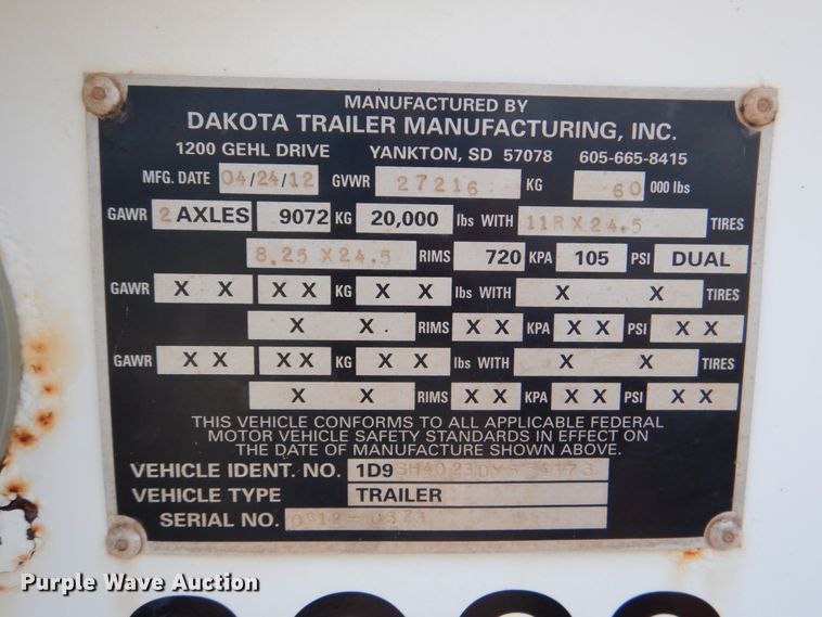 image for item DM3879 2013 Dakota Trailer MFG.  bottom dump trailer
