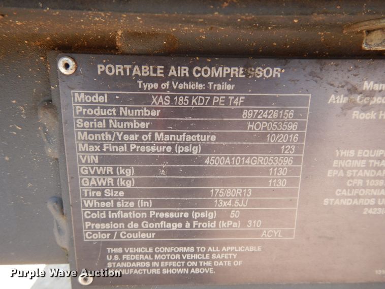 image for item ED9800 2017 Atlas Copco XAS185  air compressor