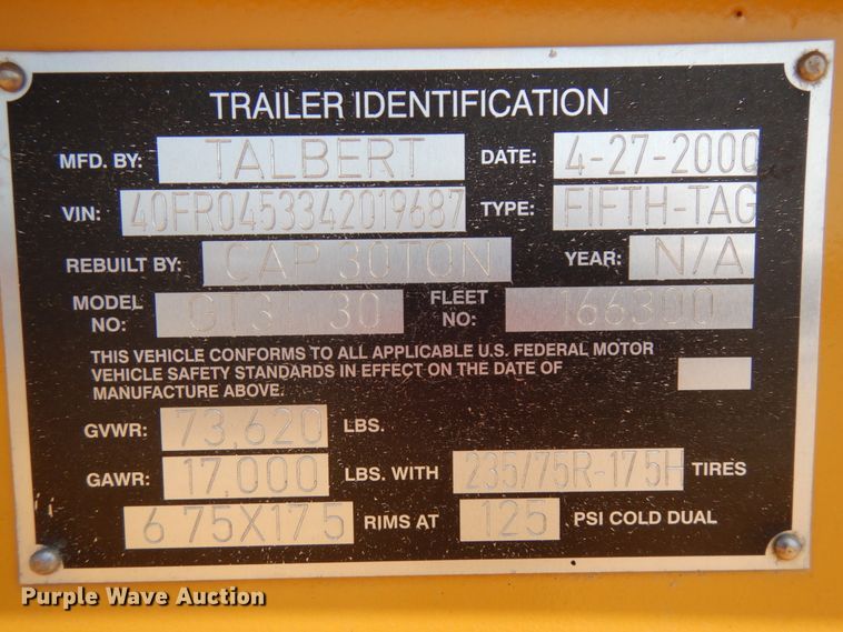 image for item IL9953 2000 Talbert GT3T-30  tilt deck equipment trailer