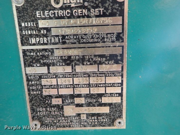image for item IJ9909 Onan 45 DYJ  generator